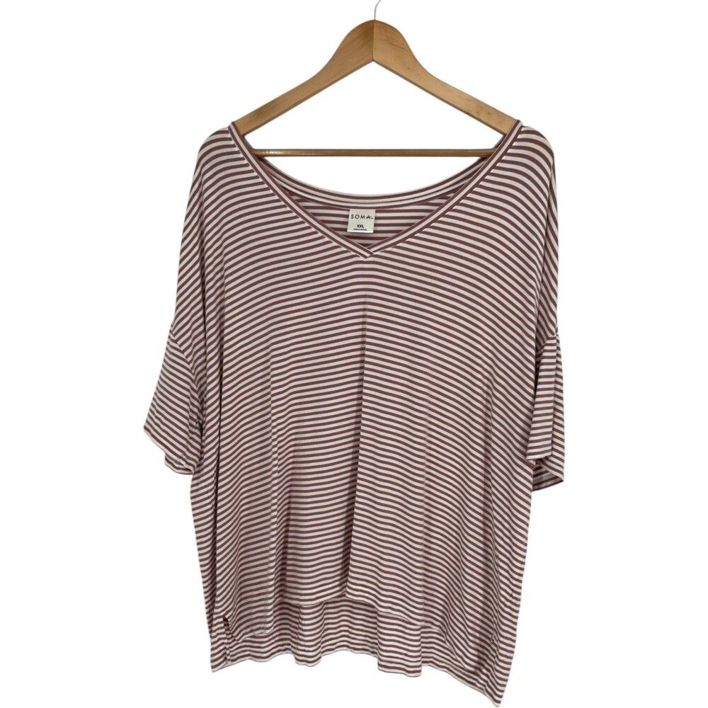 Soma Women's Top Size Extra Extra Large Pink Striped V-Neck Raglan Casualcore